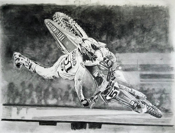 artist drawing of Justin barcia at supercross doing leg swag riding dirt bike with number 51 on bike and shirt