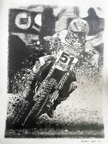 original drawing of Justin Barcia riding a gas gas dirt bike at supercross in 2022 