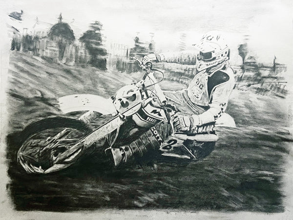 Original pencil drawing of Bob "Hurricane" Hannah racing outdoor motocross in Canyon Lake AZ at MX track