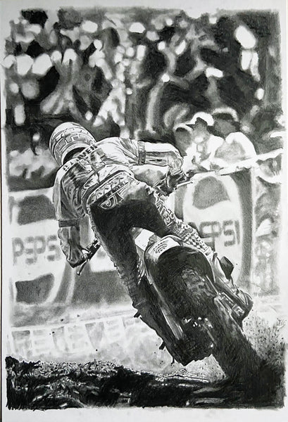 Drawing of  Broc Glover riding dirt bike in 1988 Hangtown Motocross Classic with Pepsi banners and crowd in background