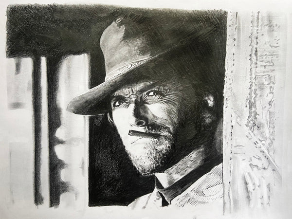 Original Drawing Of Clint Eastwood smoking as he looks out From For A Few Dollars More Movie 