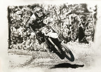 artist drawing of Jeremy Mcgrath on dirt bike riding outside with number 2 plate on bike