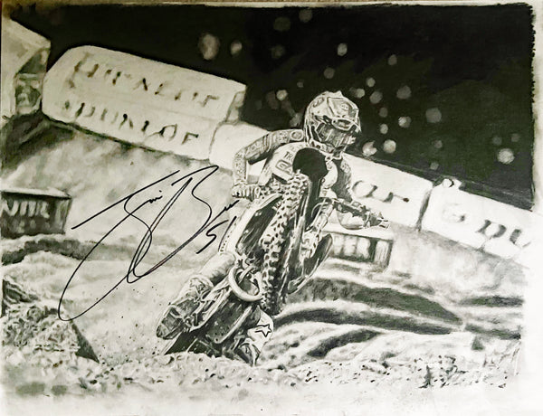 drawing of Justin Barcia riding gasgas dirbike in Supercross stadium with dunlop bales in background