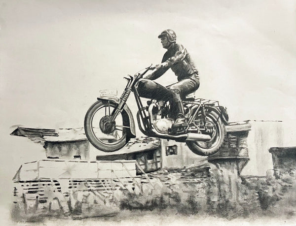 Original drawing Steve Mcqueen attempting actual jump Great Escape movie on dirtbike