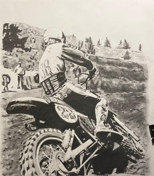 original drawing of motocross champion Marty Moates riding dirt bike at Mammoth Mountain race