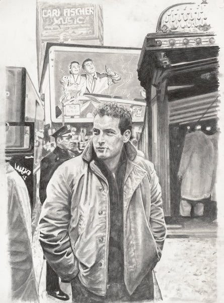 graphite pencil drawing of Paul Newman aka "Cool Hand" in NYC during the filming of Somebody Up There Likes Me