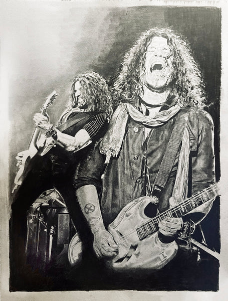 original drawing of Phil X of Bon Jovi playing guitar in various poses