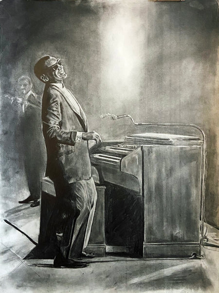 Original drawing Ray Charles standing at piano in smoky club