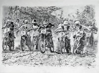 Original pencil drawing of the golden era of motocross’s most iconic racers at the 1977 Trans Am St Louis Motocross start featuring Decoster, Smith, La Porte, Howerton, Tripes, Croft captured on film by iconic photographer Jim Gianatsis