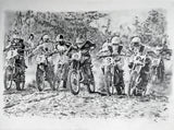 original drawing of 1977 Trans Am St Louis Motocross start featuring Decoster, Smith, La Porte, Howerton, Tripes, Croft captured on film by iconic photographer Jim Gianatsis