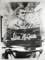 artist drawing of Steve Mcqueen sitting in directors chair on movie set