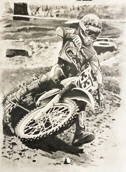 original drawing motocross legend Jeff Ward during rookie year riding outdoor motocross on dirtbike
