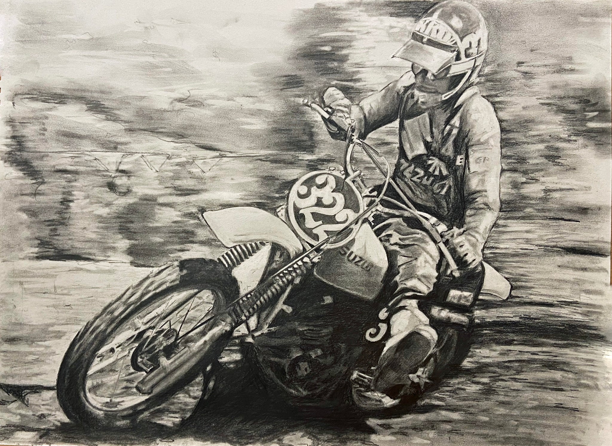 bomber art motorcycle helmet Artist Print Mark "The Bomber" Barnett Golden Era Motocross Champion – RichardHartArt.com
