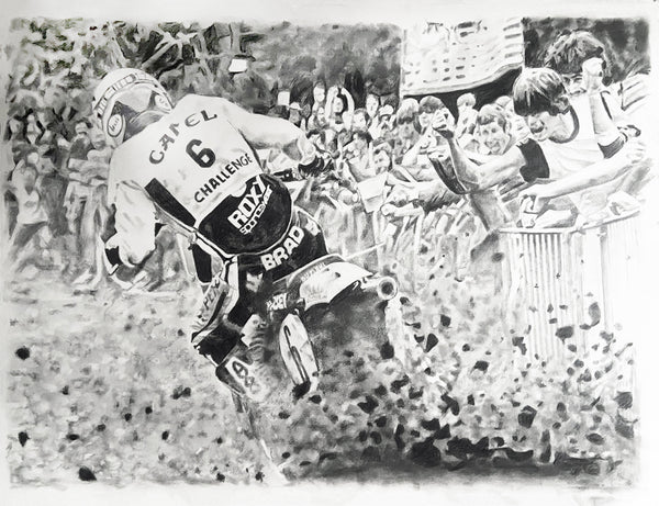 original drawing, captures the essence of motocross legend Brad Lackey's winning moment in Europe at Motocross GP 1977