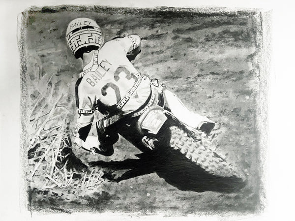 drawing of David Bailey motocross legend riding dirtbike at outdoor track with 23 on his shirt going around berm