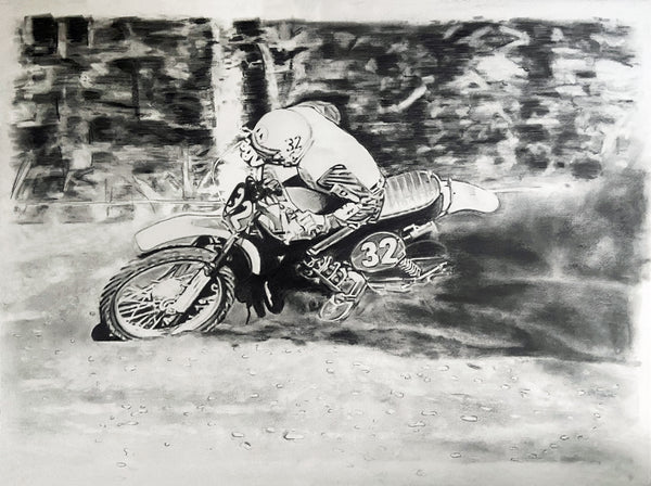 original pencil drawing of world motocross champion Harry Everts "piloting a pouch"