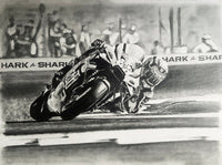original pencil drawing of world champion Miguel Oliveira riding motobike leaning low to the ground around the gp track