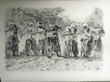 print of original drawing 1977 Trans Am St Louis Motocross start featuring Decoster, Smith, La Porte, Howerton, Tripes, Croft captured on film by iconic photographer Jim Gianatsis