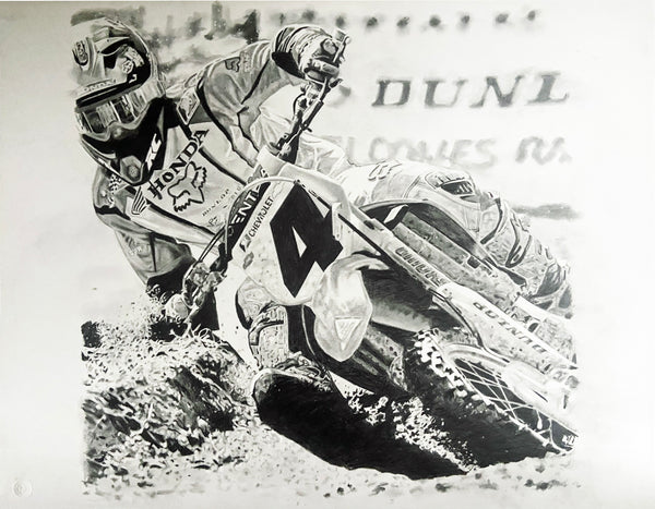 original pencil drawing of Ricky Carmichael "the goat" riding a honda dirt bike for Team Honda in 2004 at the Supercross with a Dunlop banner behind him