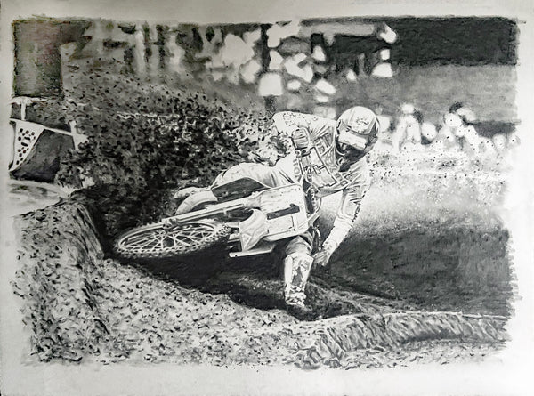 artist drawing of ricky drawing motocross champion at Southwick motocross track
