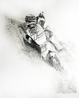 original drawing of motocross champion Stephan Everts riding a dirt bike with72 on back of shirt with dirt spraying up around him 