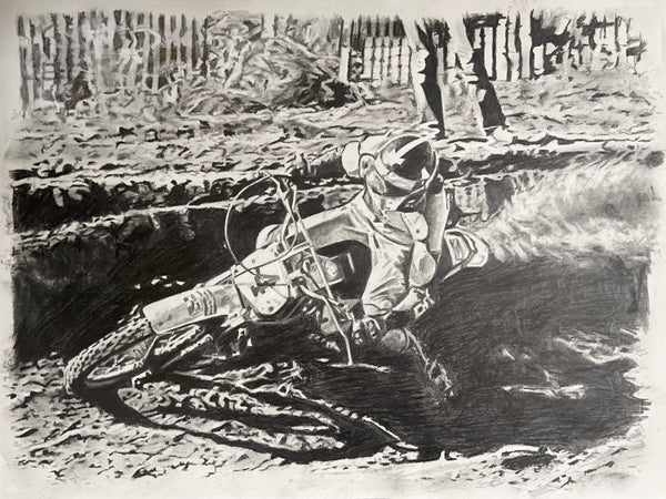 original drawing of Steve Stackable riding a dirt bike at out door motocross race round a burm